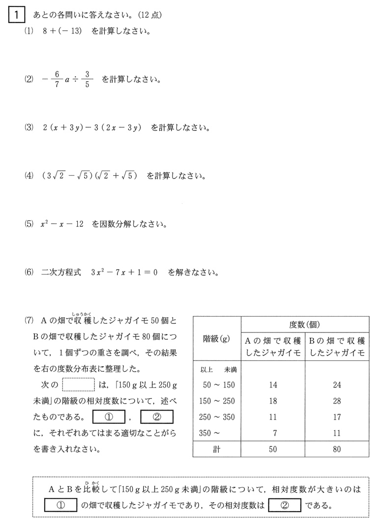 三重県公立高校入試「数学」 2021年 過去問題 大問1