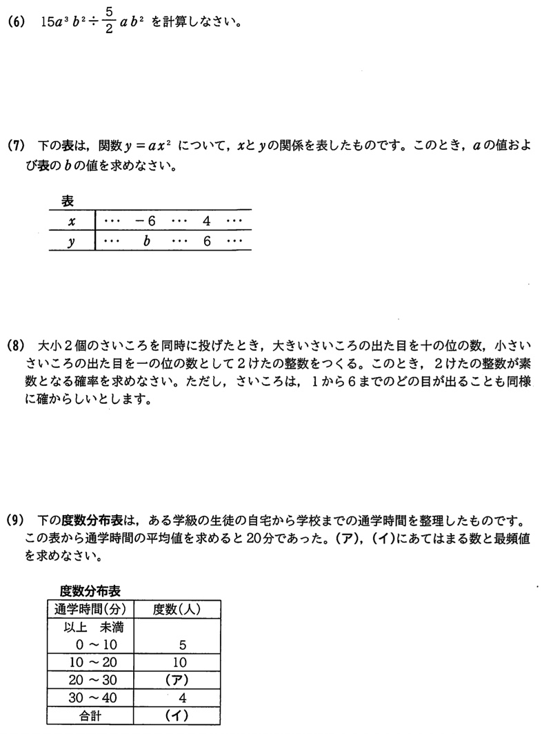 滋賀県公立高校入試「数学」 2021年 過去問題 大問1